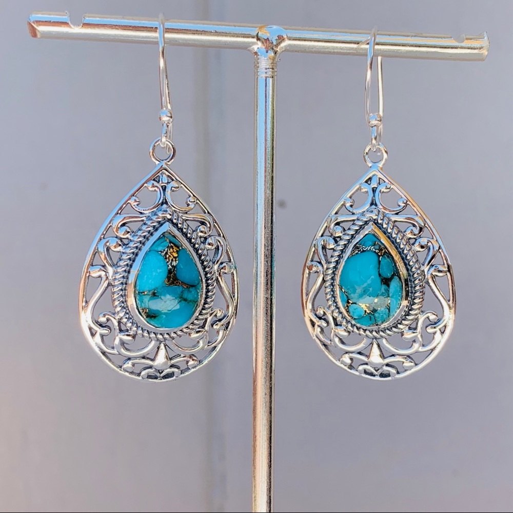 Copper Turquoise Sterling Silver Filigree Earrings